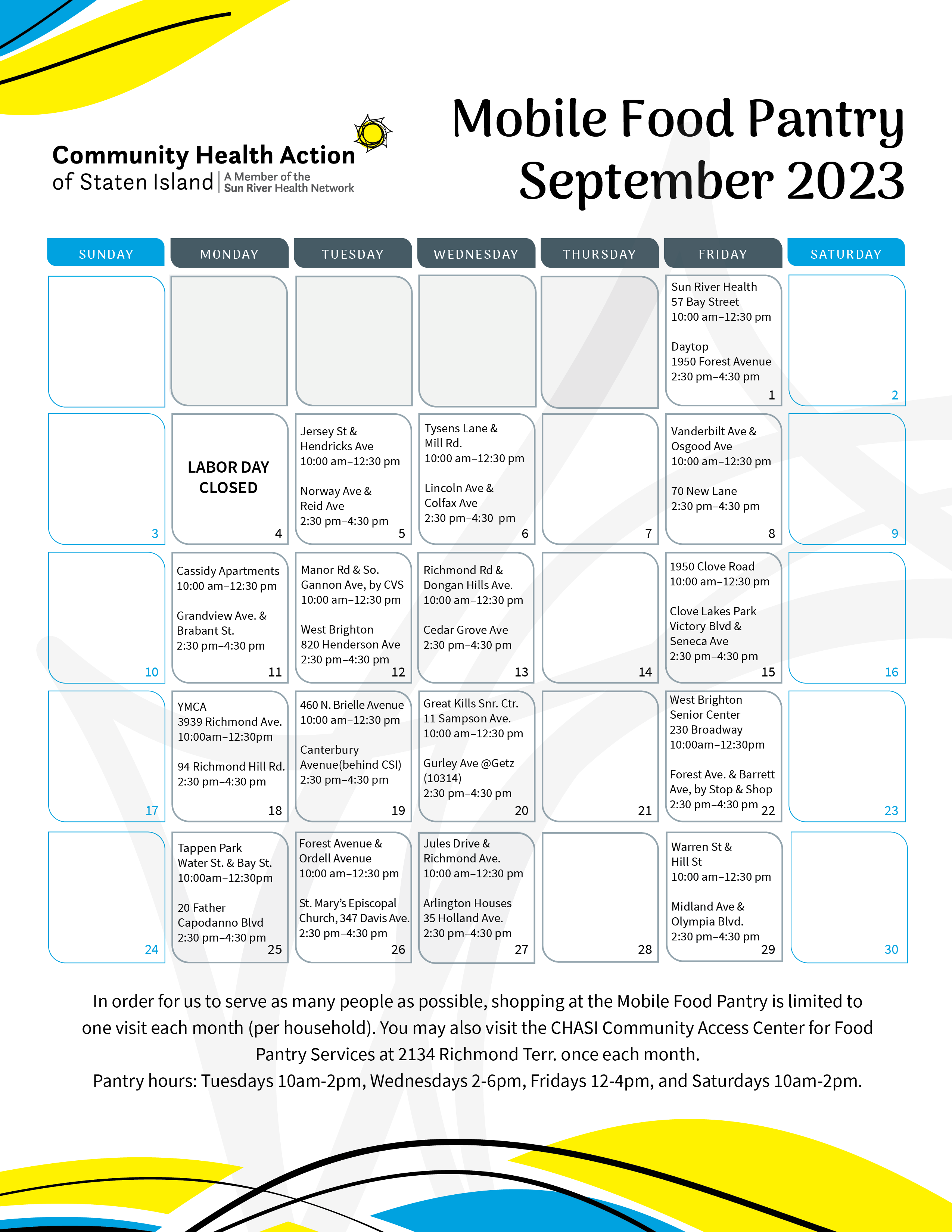 Mobile Food Pantry calendar CHASI