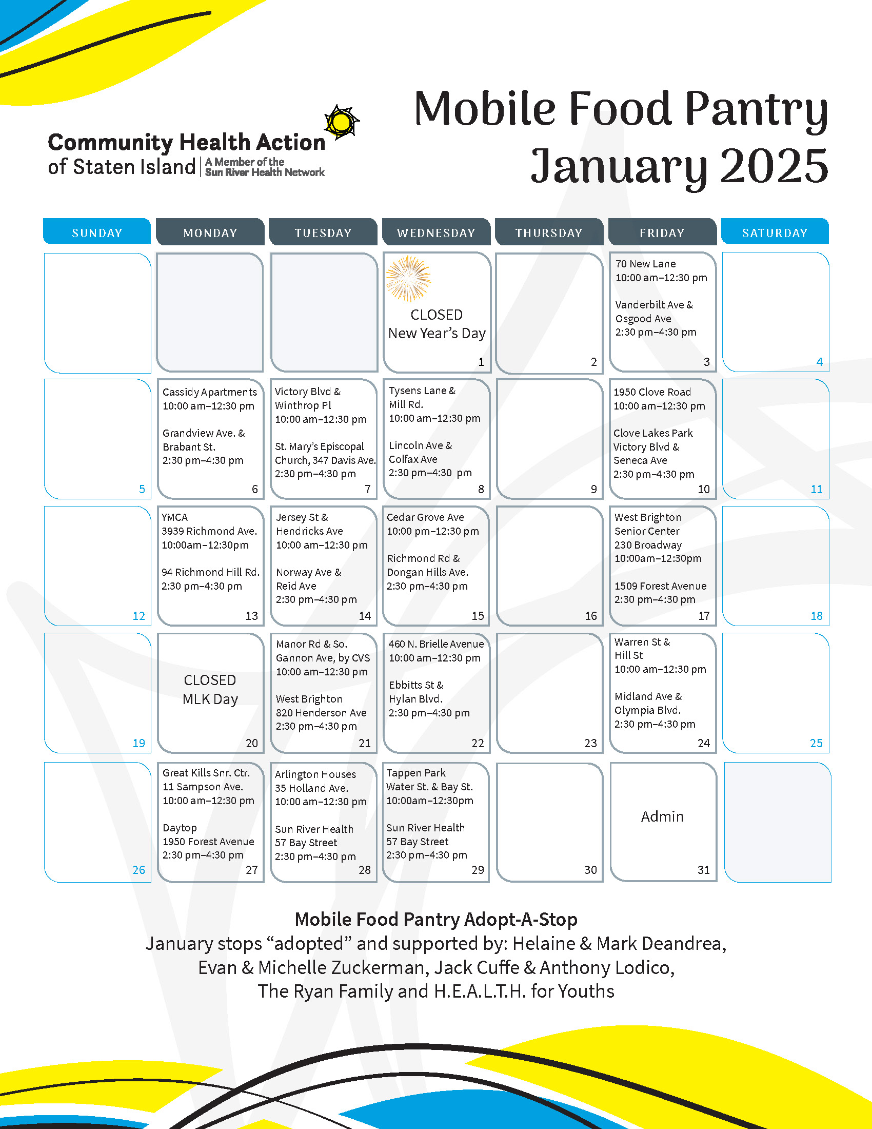 a calendar of the mobile food pantry stops for January 2025. To find a stop without the calendar, please call 718-808-1450.